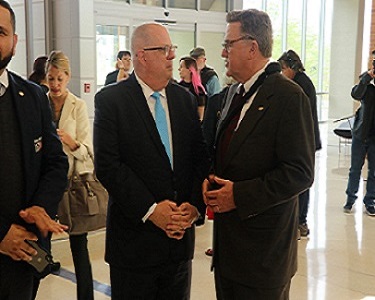 Governor Hogan and Secretary Fielder visited Howard Community College campus including the Science, Engineering, and Technology Building. (Picture of Governor Hogan and Secretary Fielder in conversation).